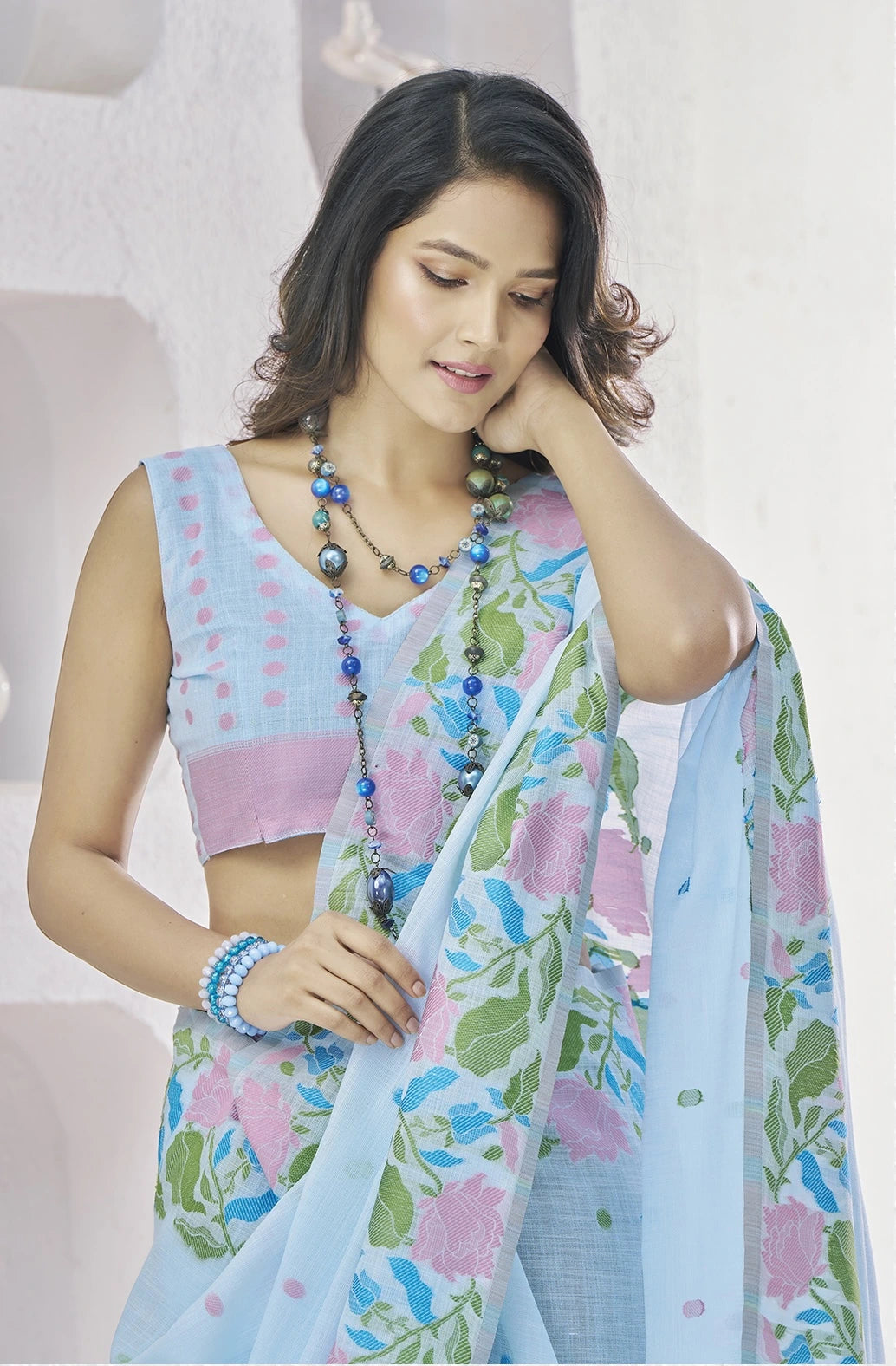 Blue Floral Print Linen Silk Saree