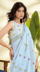 Blue Handloom-Style Weaving Linen Silk Saree