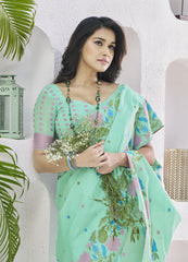 Green Floral Print Linen Silk Saree