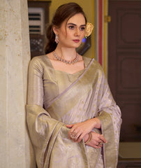 Lavender Embroidery Work Satin Banarasi Silk Saree