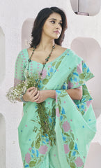 Green Floral Print Linen Silk Saree