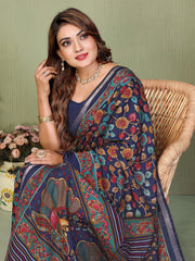 Navy Blue Kalamkari Print Mul Cotton Saree