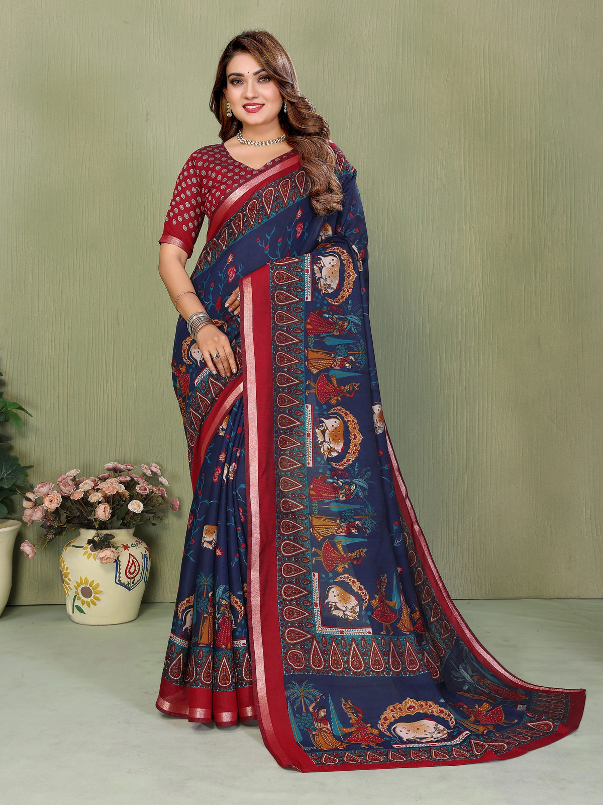 Navy Blue Mul Cotton Kalamkari Print Saree