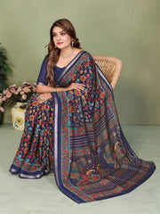 Navy Blue Kalamkari Print Mul Cotton Saree