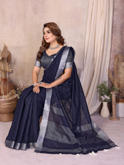 Navy Blue Zari Border Soft Linen Cotton Saree