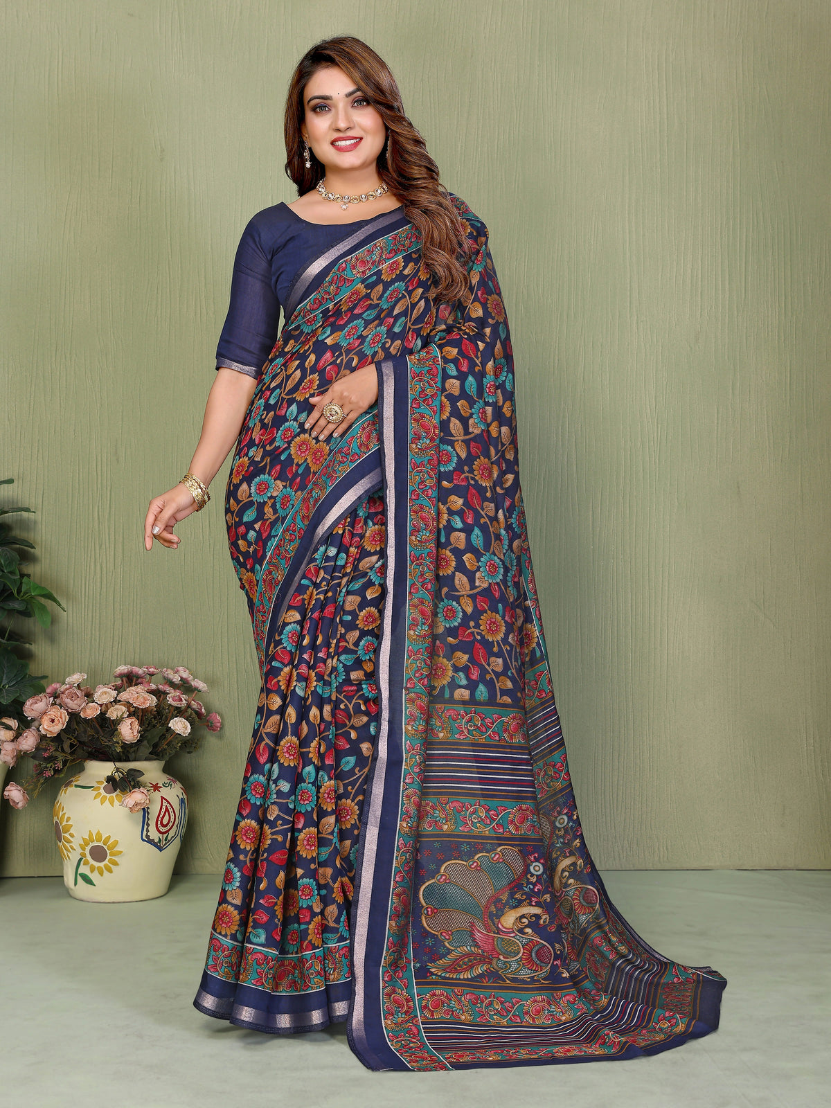 Navy Blue Kalamkari Print Mul Cotton Saree