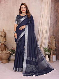 Navy Blue Zari Border Soft Linen Cotton Saree