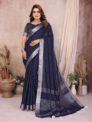 Navy Blue Zari Border Soft Linen Cotton Saree