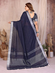 Navy Blue Zari Border Soft Linen Cotton Saree
