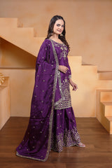 Wine Sequins Embroidery Work Chinon Suit