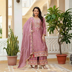 Pink Embroidery Sequin Work Chinon Silk Suit
