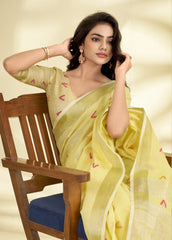 Yellow Handloom-Style Weaving Linen Silk Saree
