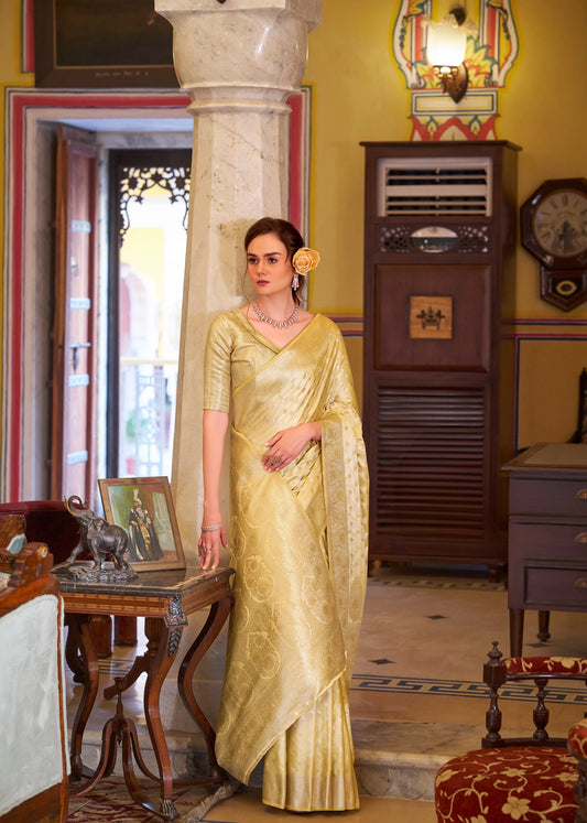 Yellow Embroidery Work Satin Banarasi Silk Saree