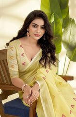 Yellow Handloom-Style Weaving Linen Silk Saree