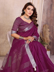 Magenta Zari Border Soft Linen Cotton Saree