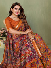 Orange Kalamkari Print Mul Cotton Saree