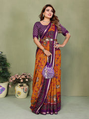 Orange Mul Cotton Kalamkari Print Saree