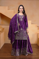 Wine Sequins Embroidery Work Chinon Suit