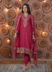 Dark Pink Sequins Embroidery Work Chinon Suit