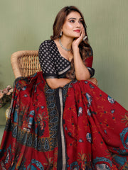 Maroon Mul Cotton Kalamkari Print Saree