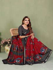 Maroon Mul Cotton Kalamkari Print Saree