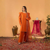 Orange Fancy Lace Border Natural Crepe Silk Suit