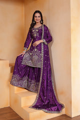 Wine Sequins Embroidery Work Chinon Suit