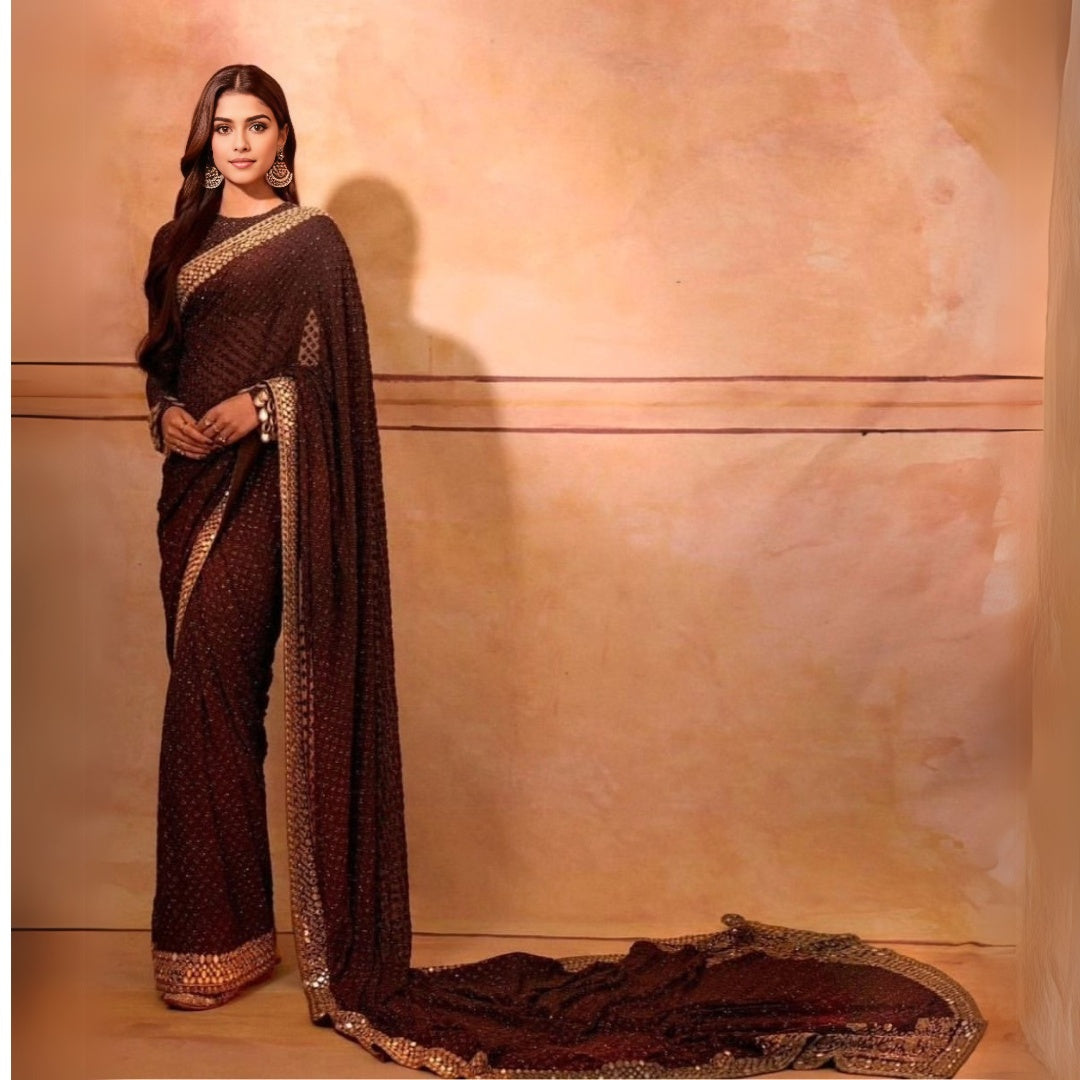 Exquisite Soft Georgette Saree Featuring 9MM & 5MM Sequins Embroidery and Lace Border