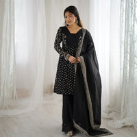 Black Embroidery Sequin Work Crunchy Silk Suit