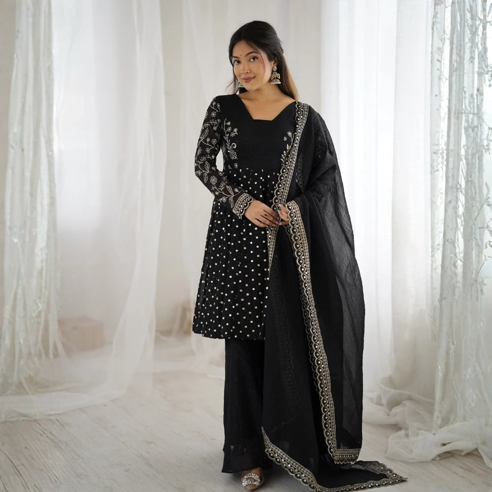 Black Embroidery Sequin Work Crunchy Silk Suit