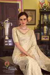 Beige Embroidery Work Satin Banarasi Silk Saree