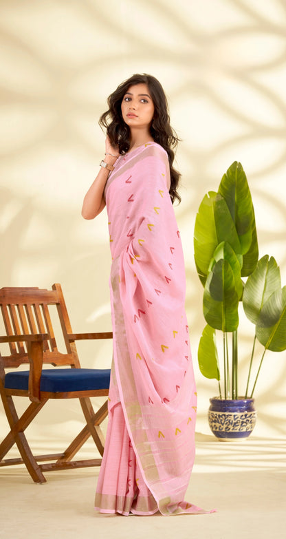 Pink Handloom-Style Weaving Linen Silk Saree
