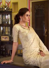 Beige Embroidery Work Satin Banarasi Silk Saree