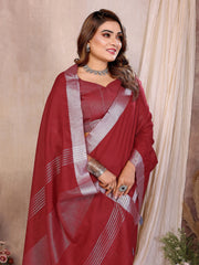 Maroon Zari Border Soft Linen Cotton Saree