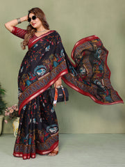 Black Mul Cotton Kalamkari Print Saree