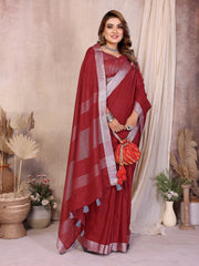 Maroon Zari Border Soft Linen Cotton Saree