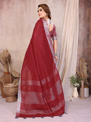 Maroon Zari Border Soft Linen Cotton Saree