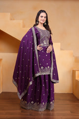 Deep Purple Sequins Embroidery Work Natural Crep Suit