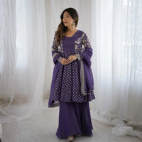 Lavender Embroidery Sequin Work Crunchy Silk Suit