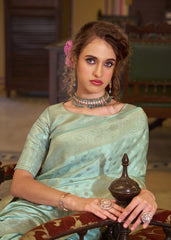 Sky Blue Embroidery Work Satin Banarasi Silk Saree