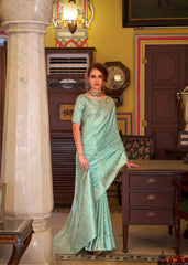 Sky Blue Embroidery Work Satin Banarasi Silk Saree