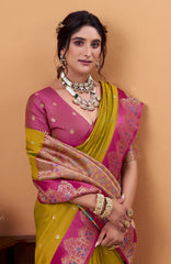 Mustard Yellow Floral Print Linen Silk Saree