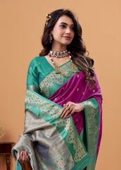 Deep Purple Floral Print Linen Silk Saree