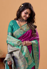 Deep Purple Floral Print Linen Silk Saree