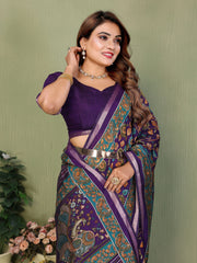 Purple Kalamkari Print Mul Cotton Saree