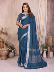 Blue Zari Border Soft Linen Cotton Saree