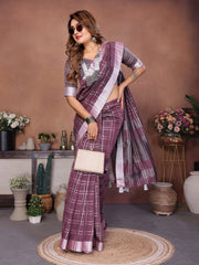 Purple Ached Weaving Soft Linen Saree