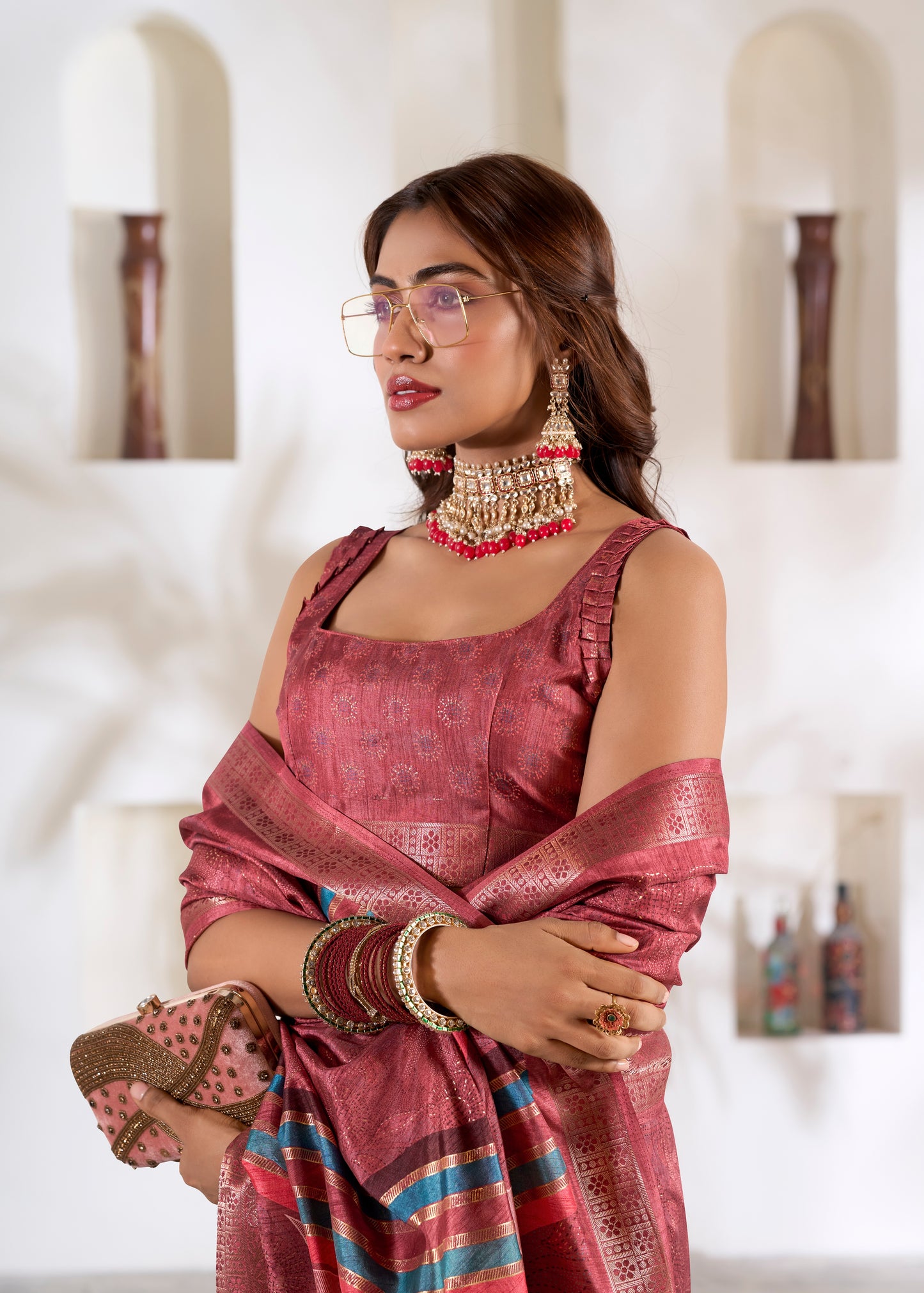 Red Foli Print Soft Dola Silk Saree