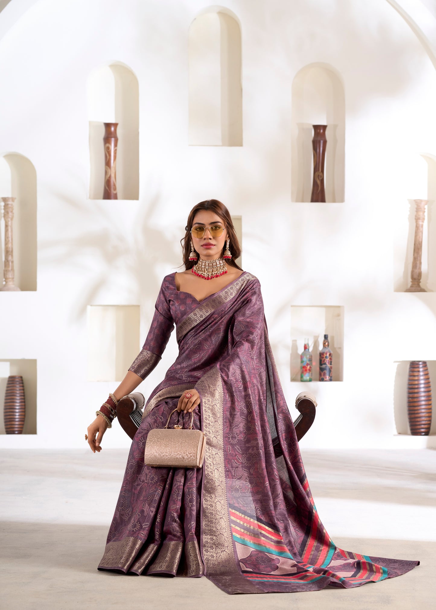 Purple Foli Print Soft Dola Silk Saree