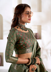 Dark Green Foli Print Soft Dola Silk Saree